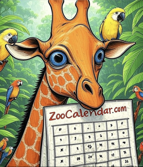 Giraffe holding a calendar with parrots